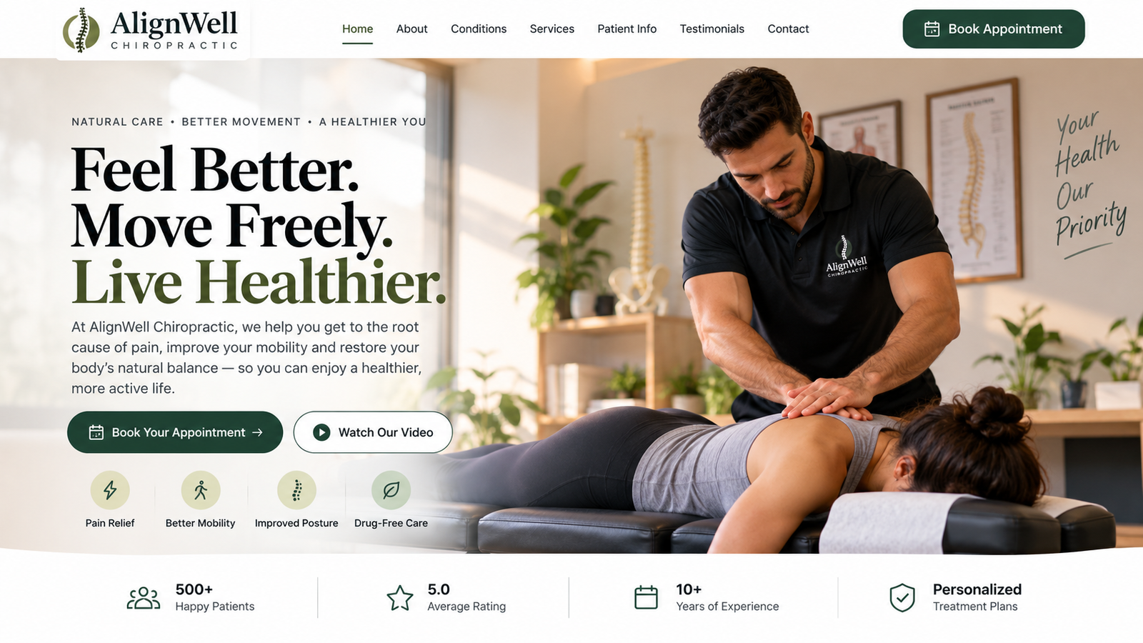 AlignWell Chiropractic homepage featuring chiropractic care and appointment booking