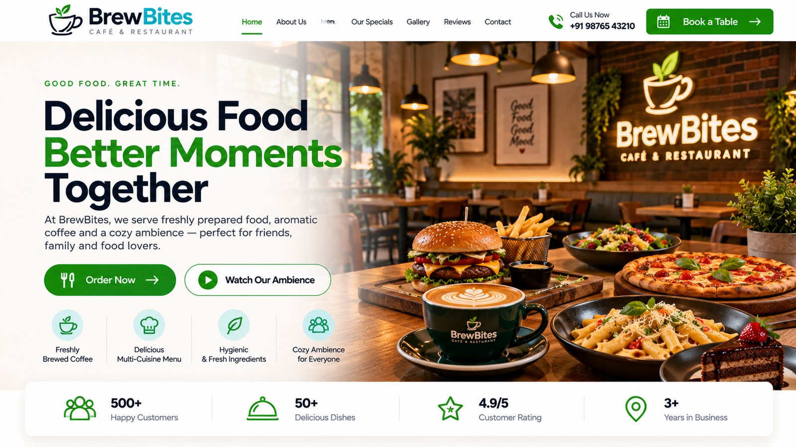 BrewBites café and restaurant homepage featuring food, menu and table booking