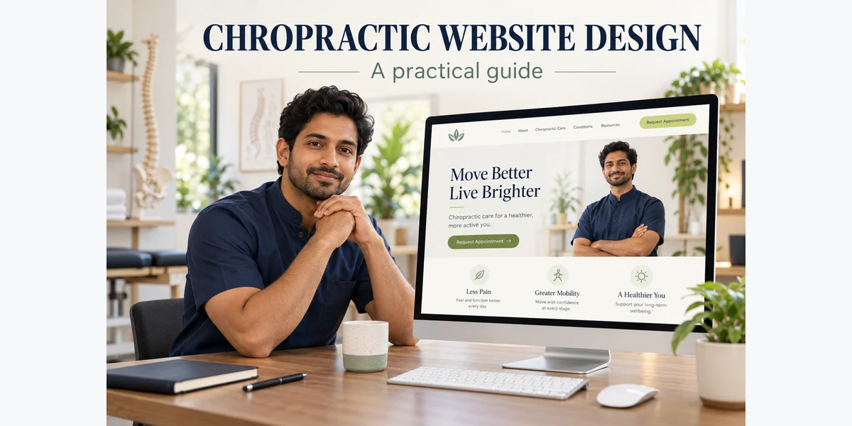 Illustrative chiropractor beside a chiropractic practice homepage