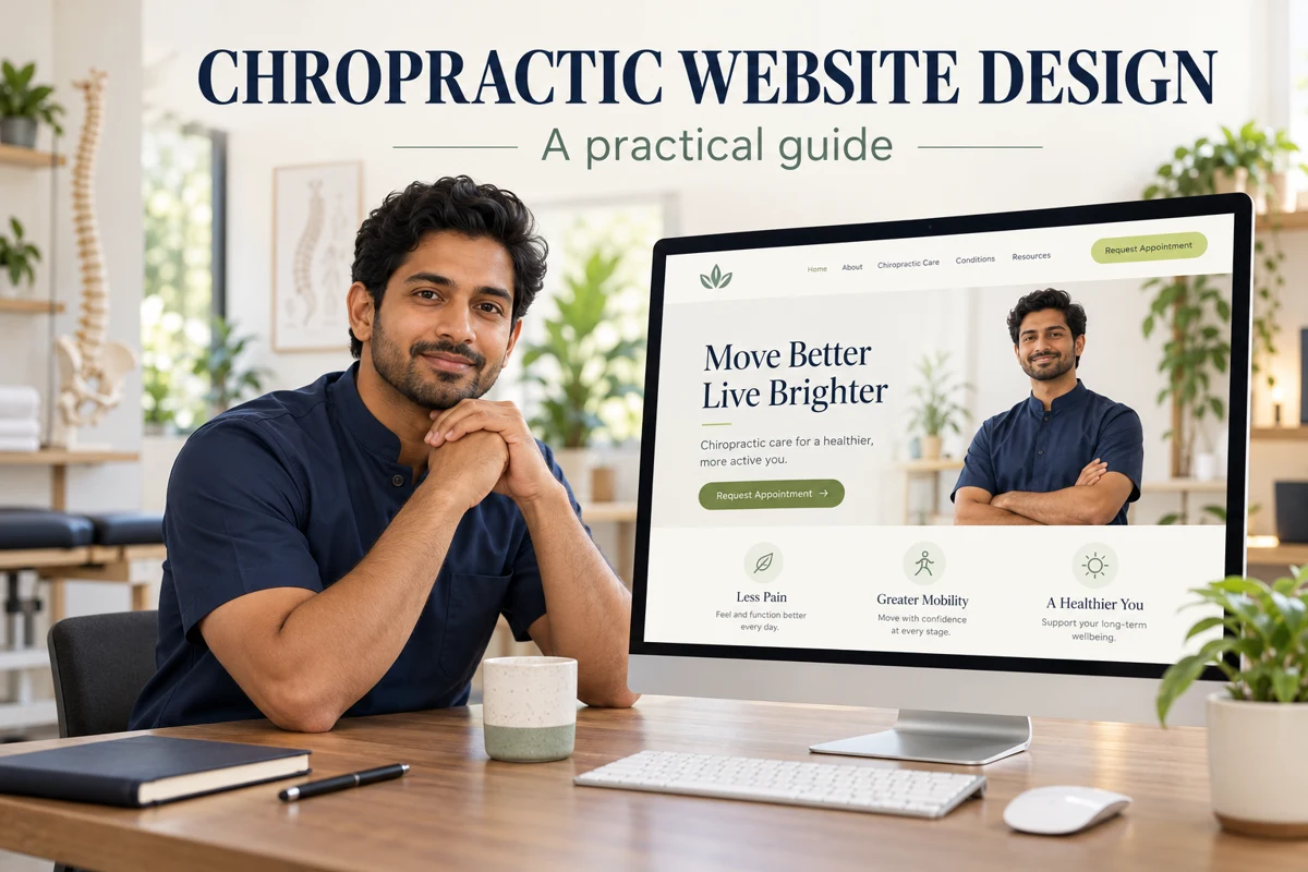 Illustrative chiropractor beside a chiropractic practice homepage