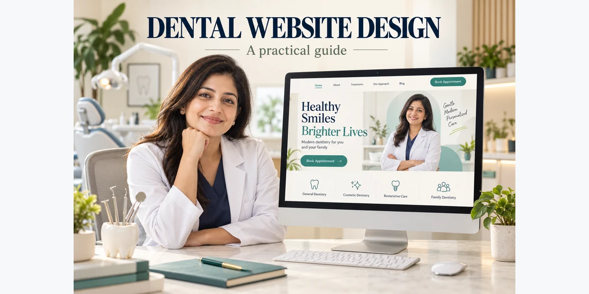 Illustrative dentist beside a dental clinic homepage design