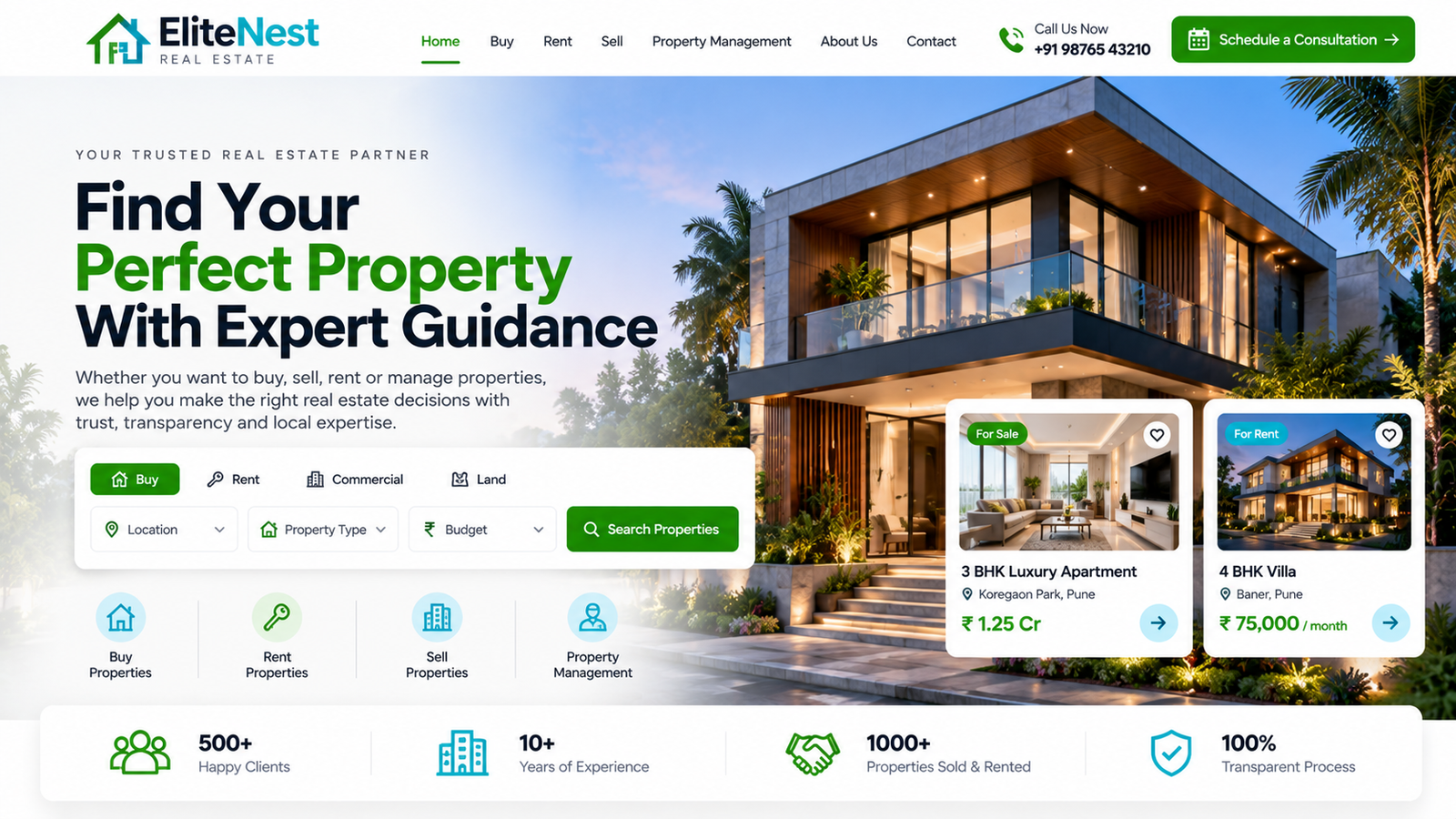 EliteNest real estate homepage featuring luxury property listings
