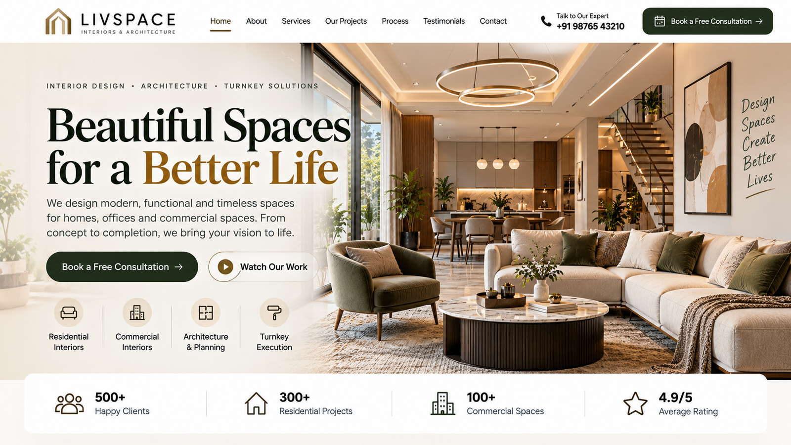 LIVSPACE interior design homepage featuring a modern residential space