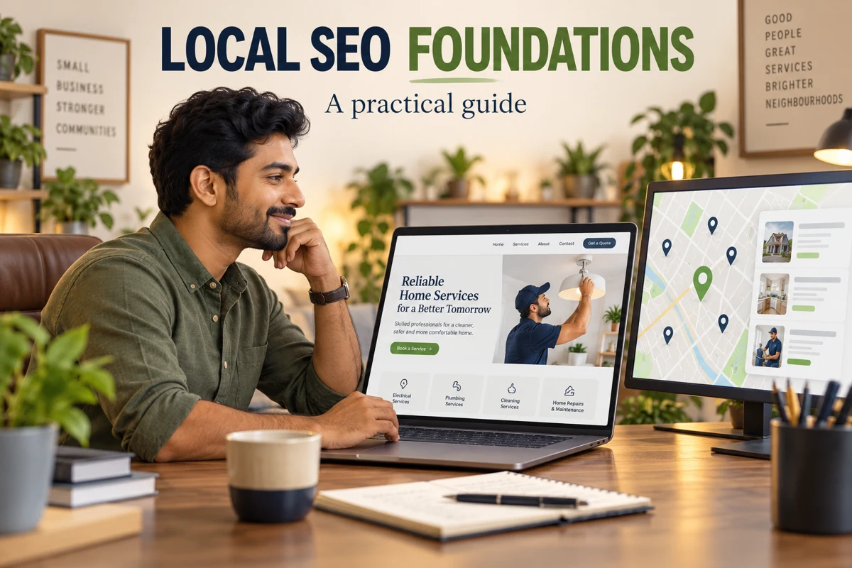 Illustrative business owner reviewing a local services website and map