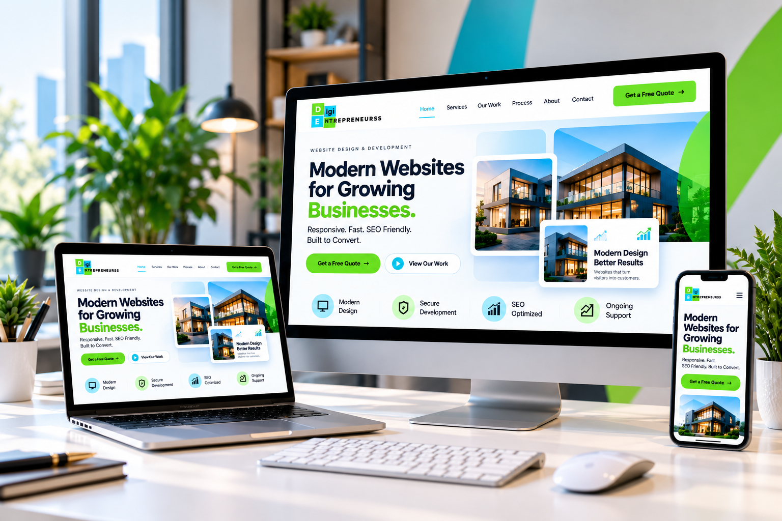 Modern responsive website workspace displayed across desktop, laptop and mobile