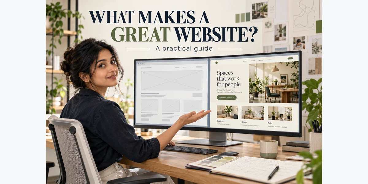 Illustrative designer comparing a wireframe with a finished business homepage